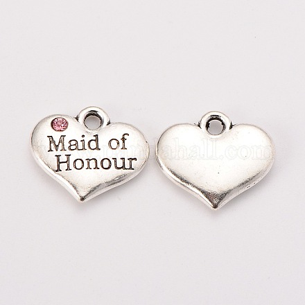 Wedding Theme Antique Silver Tone Tibetan Style Alloy Heart with Maide of Honour Rhinestone Charms X-TIBEP-N005-16C-1