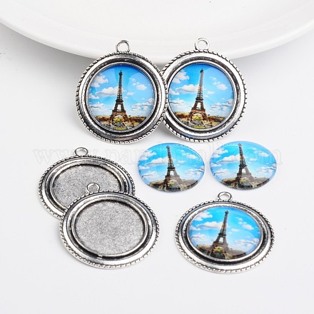 Antique Silver Alloy Pendant Cabochon Bezel Settings and Eiffel Tower Printed Glass Cabochons TIBEP-X0173-01-1