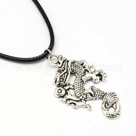 Dragon Zinc Alloy Pendant Necklaces with Waxed Cord and Iron Findings NJEW-R228-40AS-1