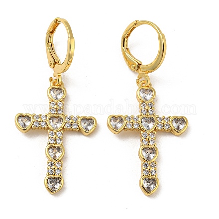 Cross Real 18K Gold Plated Brass Dangle Leverback Earrings EJEW-A033-01G-02-1