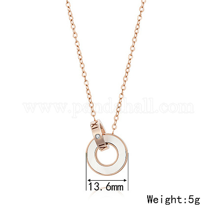 Collar con colgante de anillos entrelazados de concha natural con números romanos y cadenas de cable de acero inoxidable PT5886-1