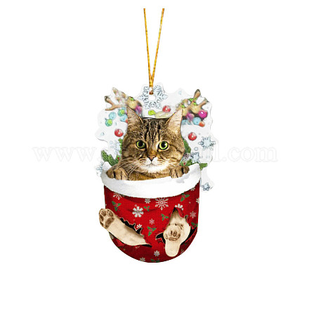 クリスマスストッキングの飾りを着た猫  クリスマスツリーのホームパーティーの装飾用のアクリル子猫の吊り下げ飾り  ダークチソウ  80mm WG35874-01-1