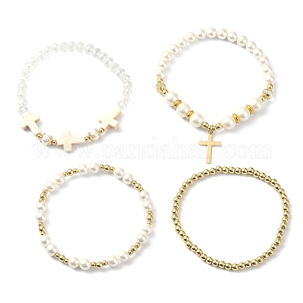 4 pièces 4 styles de perles de coquillage et de perles de verre ensemble de bracelets extensibles BJEW-TA00327-1