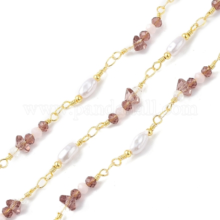 Brass Glass Bead Link Chains with ABS Imitation Pearl Beads CHS-P016-39G-05-1