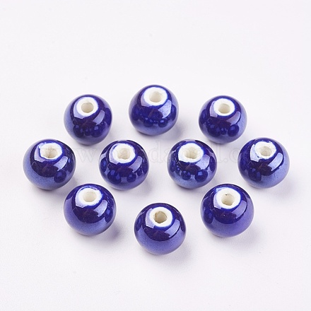 Cuentas redondas de porcelana azul oscuro perlada hecha a mano X-PORC-D001-12mm-14-1