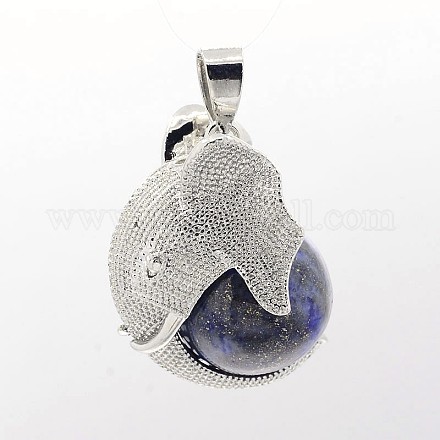 Platinum Plated Brass Elephant Covered with Natural Round Ball Gemstones Pendants G-O037-07-1