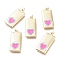 Brass Micro Pave Clear Cubic Zirconia Pendants, with Enamel and Jump Rings, Long-Lasting Plated, Rectangle with Heart, Pink, Golden, 28x13x2mm, Hole: 3mm