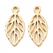 Brass Charms, Hollow, Leaf, Real 18K Gold Plated, 12x5.5x1mm, Hole: 0.9mm