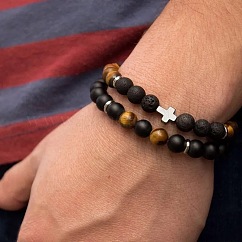 Juego de pulseras elásticas redondas de roca de lava natural, ágata negra esmerilada y ojo de tigre, 2mm, 2 Uds., 8 estilos, pulseras cruzadas apilables para hombres