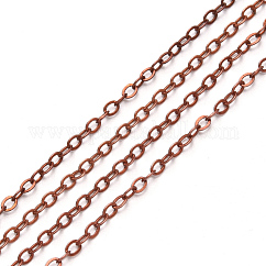 Cadenas de cable de latón, soldada, Sin cadmio y níque y plomo, con carrete, Plano Oval, cobre rojo, 2.2x1.9x0.3mm, apto para anillos de salto de 0.6x4 mm, aproximadamente 32.8 pie (10 m) / rollo