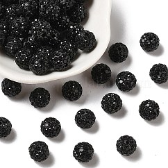 Perles de boule pavé disco , Perles de strass en argile polymère, Grade a, ronde, jet, strass: pp13 (1.9~2mm), 6 rangs de strass, 10mm, Trou: 1.5mm