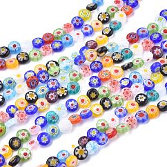 Flache runde handgemachte Millefiori Glasperlen, Mischfarbe, 6x3 mm, Bohrung: 0.5 mm, ca. 65 Stk. / Strang, 14.1 Zoll