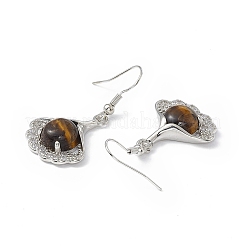 Orecchini pendenti con foglia di ginkgo occhio di tigre naturale con strass di cristallo&nbsp;EJEW-A092-03P-08