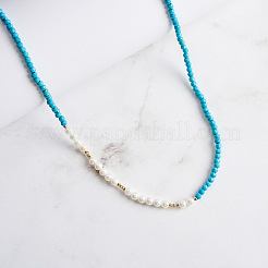 Facettierte runde Perlenketten aus natürlichem Türkis und Muschelkernperlen&nbsp;NJEW-L125-005G-01
