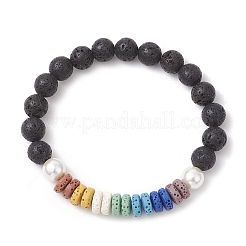 Braccialetti elastici con perline di lava naturale e conchiglie per donna&nbsp;BJEW-JB12155-02