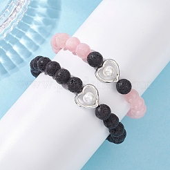Pulsera elástica de 2 pieza con cuentas redondas naturales de jade mashan rosa y roca volcánica&nbsp;BJEW-JB12879
