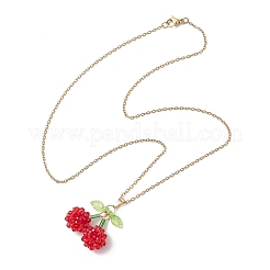 Collana pendente con perline di vetro a forma di ciliegia e foglia in acrilico&nbsp;NJEW-MZ00107