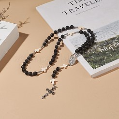 Halskette aus natürlichem Lavagestein und synthetischen türkisfarbenen Kreuz-Rosenkranzperlen&nbsp;NJEW-JN04202