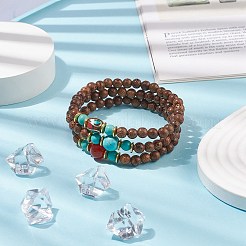 3 pièces 3 style naturel et synthétique mixte pierres précieuses et bois bracelets extensibles sertis de perles d'indonésie pour les femmes&nbsp;BJEW-JB08421