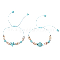 2 Stück Seestern und Schildkröte synthetische türkisfarbene Perlen geflochtene Perlenarmbänder&nbsp;BJEW-JB11883