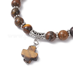 Bracelets à breloques en croix œil de tigre naturel&nbsp;BJEW-JB12259-03
