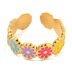Anillo de puño abierto esmaltado de acero inoxidable 304 con diseño de margaritas para mujer&nbsp;RJEW-Z041-02G-01
