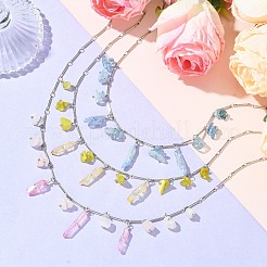 3 Uds. 3 estilos de cuarzo rosa natural y jade de Oliva natural y collares con colgante de babero con chip de Aguamarina natural&nbsp;NJEW-TA00167