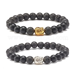 2 pièces 2 couleurs pierre de lave naturelle et bracelets extensibles en pierre noire synthétique sertis de tête de bouddha&nbsp;BJEW-JB07707