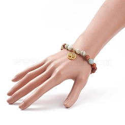 Bracelet extensible fleur naturelle amazonite & bois & hématite synthétique avec arbre de vie en laiton&nbsp;BJEW-JB08405