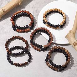 Braccialetto elasticizzato con perline rotonde in legno e pietra lavica naturale&nbsp;BJEW-JB10075