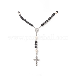 Halskette aus natürlichem Lavagestein und synthetischen türkisfarbenen Kreuz-Rosenkranzperlen&nbsp;NJEW-JN04202