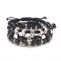 3 pièces 3 styles turquoise synthétique (teint) et bracelets de perles tressées en pierre de lave naturelle sertie d'un crâne en alliage&nbsp;BJEW-JB07865