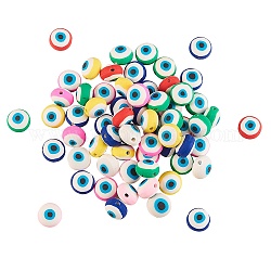 Manuell Polymer Ton Perlen, für DIY Schmuck Bastelbedarf, flach rund mit bösen Blick, Mischfarbe, 12x8 mm, Bohrung: 1.8 mm, ca. 31 Stk. / Strang, 14.57'' (37 cm)