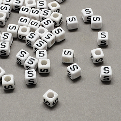 Große loch acryl brief europäischen perlen, horizontales Loch, weiß und schwarz, Würfel mit Buchstaben, letter.s, 8x8x8 mm, Bohrung: 4 mm, ca. 1144 Stk. / 500 g