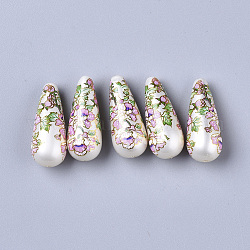 Perline in resina stampata, imitazione perla, lacrima, con motivo floreale, roso, 32x13mm, Foro: 1.5 mm