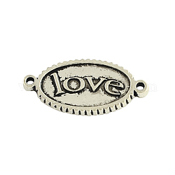 Tibetan Style Carved Word Love Alloy Oval Links connectors, Cadmium Free & Nickel Free & Lead Free, Antique Silver, 14.5x30x1.5mm, Hole: 2mm, about 314pcs/1000g