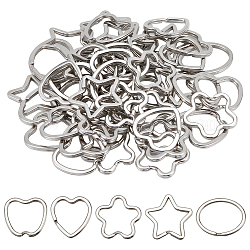Nbeads 50 pz 5 stili portachiavi in lega e ferro divisi, anelli di salto a doppio anello, fiore, ovale e cuore, forme misto, platino, 31~37x29~34x3~4mm, 10pcs / style