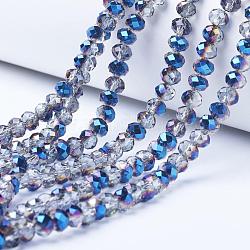 Placcare trasparente perle di vetro fili, mezzo placcato, sfaccettato, rondelle, blu placcato, 6x5mm, Foro: 1 mm, circa 85~88pcs/filo, 16.1~16.5 pollice (41~42 cm)