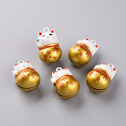 Hornear pendientes de bronce pintados campana, maneki neko / gato que hace señas, vara de oro, 26.5x17x16mm, agujero: 2 mm