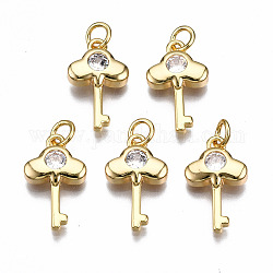 Brass Micro Pave Clear Cubic Zirconia Pendants, with Jump Rings, Nickel Free, Key, Real 18K Gold Plated, 17.5x10.5x3mm, Jump Rings: 5x1mm, 3mm inner diameter