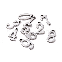 304 charms in acciaio inox, numero  0~9, colore acciaio inossidabile, 15x5.5~8x1.5mm, Foro: 1.5 mm, 10 pc / set