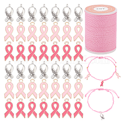 Ph pandahall 60 Uds. Amuletos de concientización sobre el cáncer de mama, Colgantes de cinta rosa y plateada, dijes colgantes de concienciación esmaltada con cordón encerado, colgantes de aleación de esperanza para mujeres, pulsera, collar, artesanías para hacer joyas