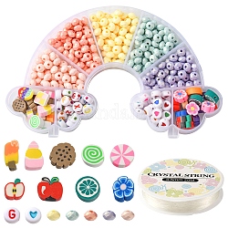 Kit de fabrication de bracelets de fruits bricolage, y compris rondelle acrylique et perles de lettre, cabochons et perles disques en pâte polymère, fil élastique, couleur mixte, 499 pièces / kit