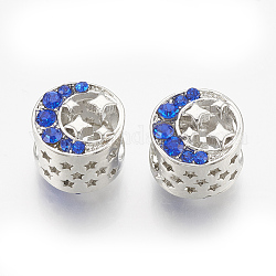 Alloy Rhinestone Beads, Hollow, Large Hole Beads, Flat Round with Moon and Star, Sapphire, Platinum, 12x11x10mm, Hole: 5.5mm