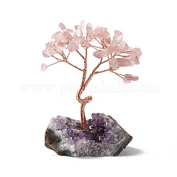 Decorazione dell'esposizione dell'albero di quarzo rosa naturale, druzy ametista base feng shui ornamento per ricchezza, fortuna, fili di ottone oro rosa avvolti, 45~52x69~75x93~107mm
