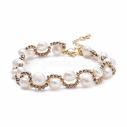 Braccialetto di perle intrecciate con perle naturali e vetro, gioielli in filo metallico per le donne, bianco floreale, 6-7/8~7-3/8 pollice (17.6~18.8 cm)