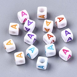 Perles acryliques, trou horizontal, cube avec lettre de couleur mixte, letter.a, 6x6x6mm, Trou: 3mm