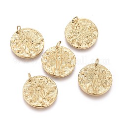 Ion Plating(IP) 304 Stainless Steel Pendants, with Jump Rings, Textured, Double Sided Pattern, Flat Round with Angel, Golden, 16x2mm, Hole: 2.6mm