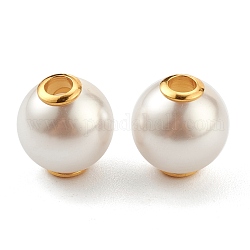 Perlas de imitación de plástico, con núcleos de acero inoxidable chapados en oro 304, redondo, blanco, 12x13mm, agujero: 3.5 mm