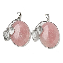 Ciondoli quazo rosa naturale, charms ovali in lega placcata platino con foglia, 45x31x12.5mm, Foro: 10x5 mm